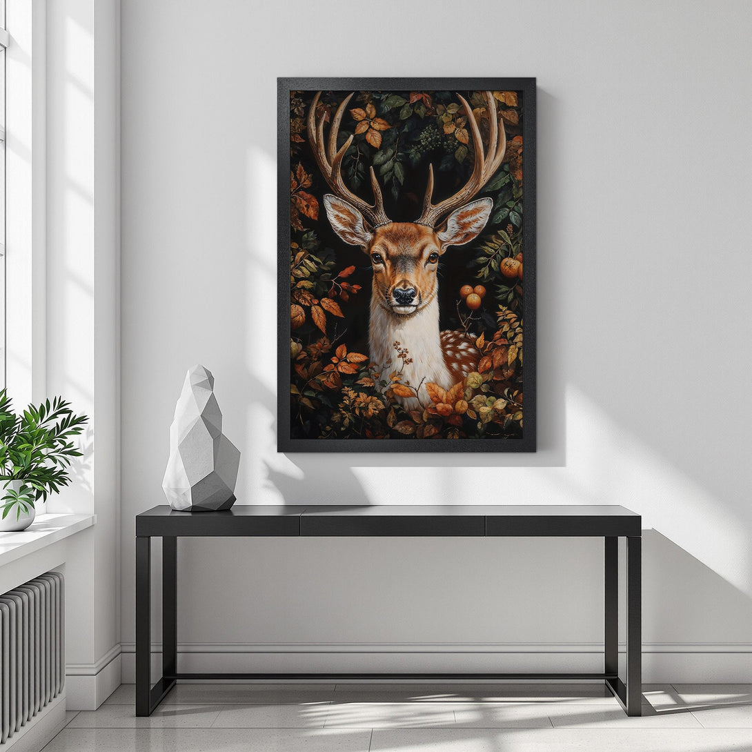 Framed Poster featuring a majestic deer in a forest setting. Autumnal color palette with warm browns, greens, and oranges. Perfect wall art!