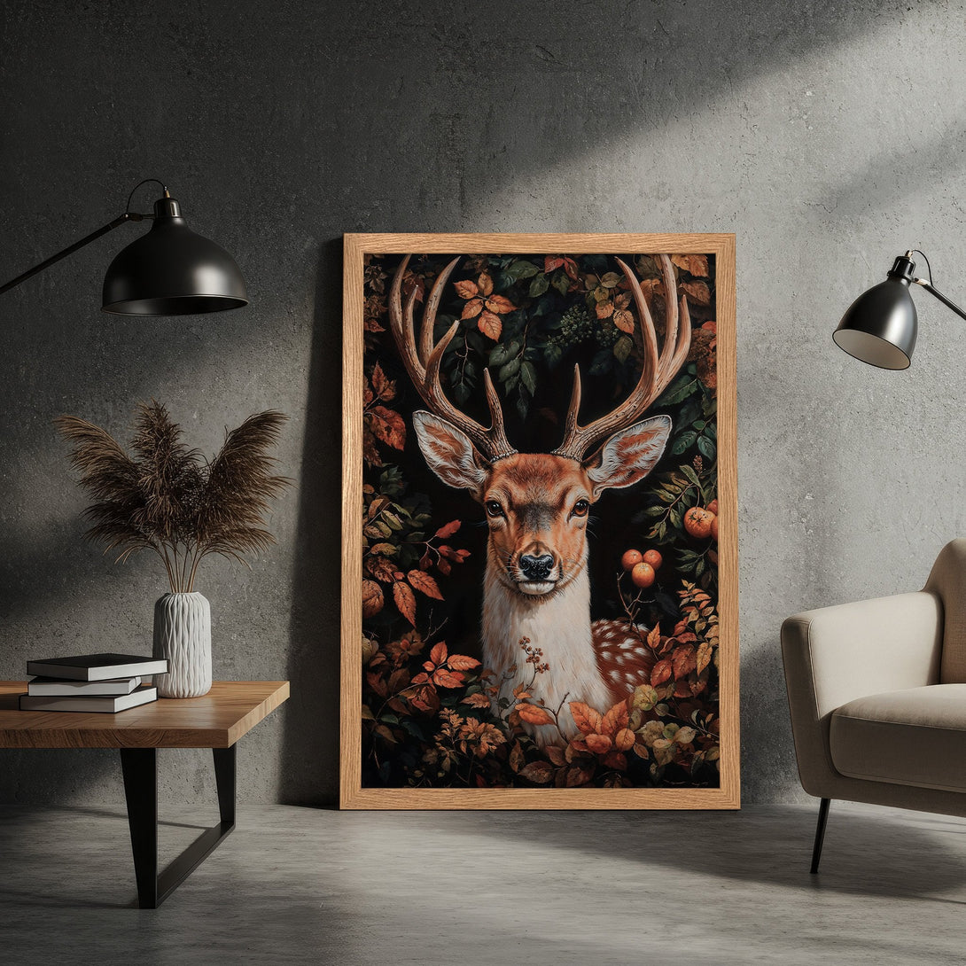 Framed Poster featuring a majestic deer in a forest setting, with a warm, autumnal color palette. Perfect wall art!