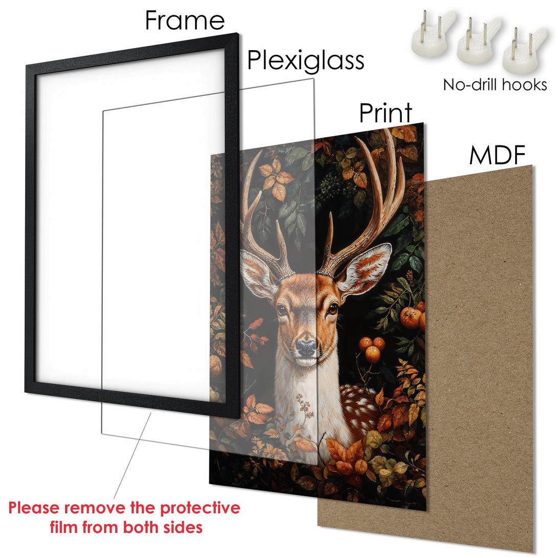 Framed Poster featuring a deer in a forest, with a warm color palette and a black frame. Perfect wall art for your home!