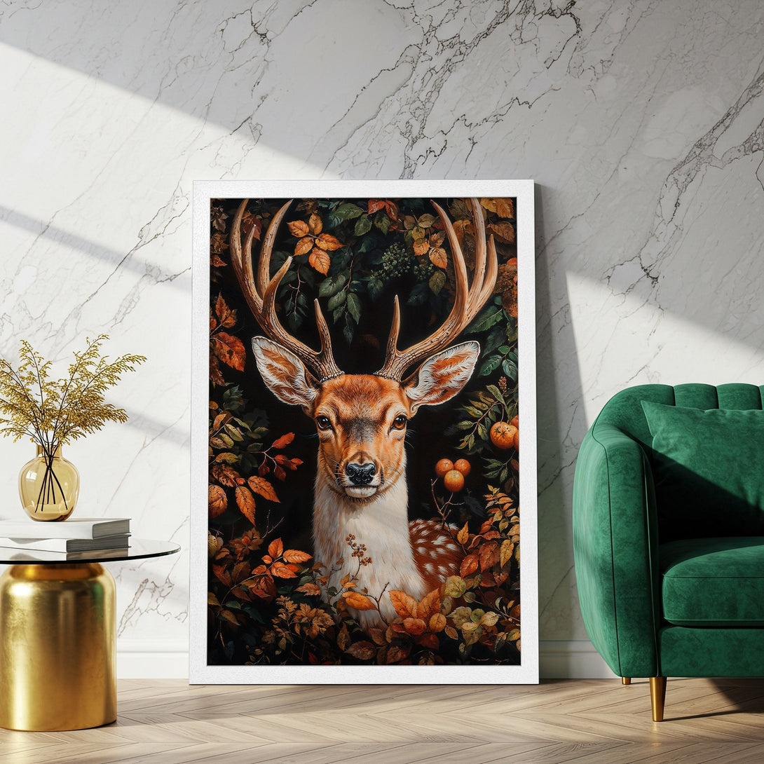 Framed Poster of a majestic deer in a forest, artistic style with warm autumn colors. Perfect wall art for your home.