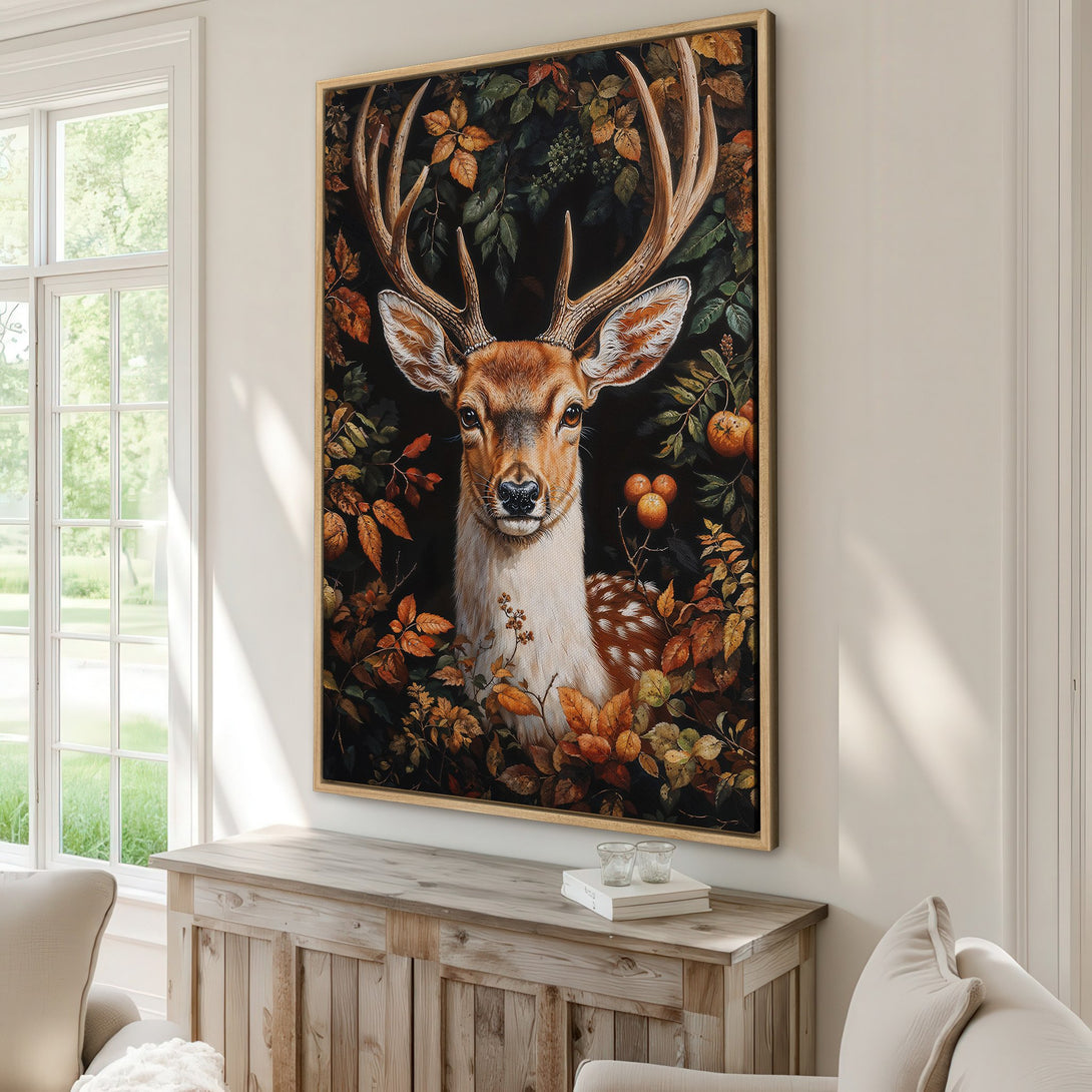 Framed Wall Art: Majestic deer portrait in warm autumnal tones. Rustic style Canvas Print adds cozy elegance to any space. Shop now!