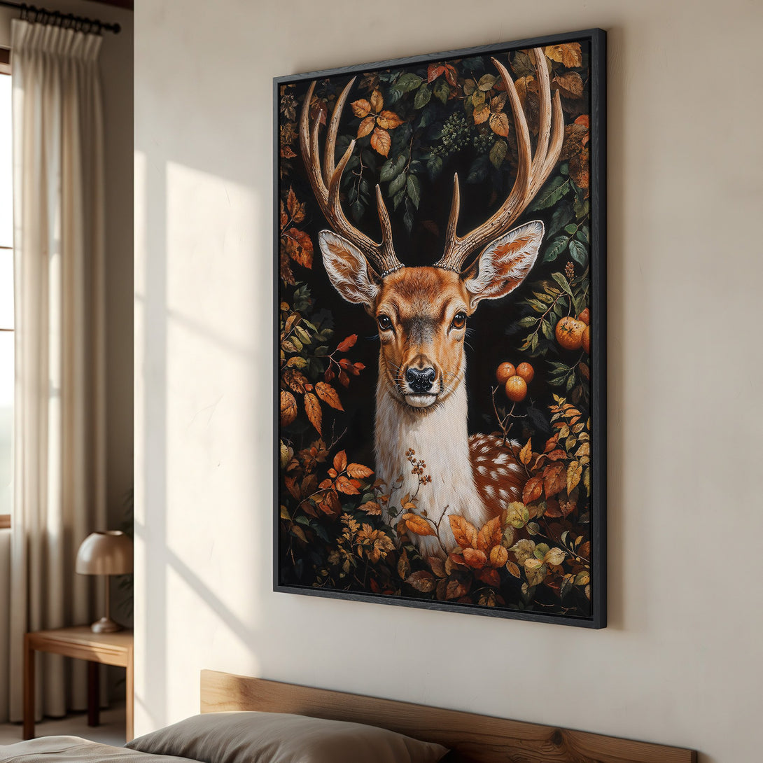 Framed Wall Art featuring a majestic deer in a vintage style, surrounded by autumnal foliage. Warm color palette, perfect for cozy interiors.