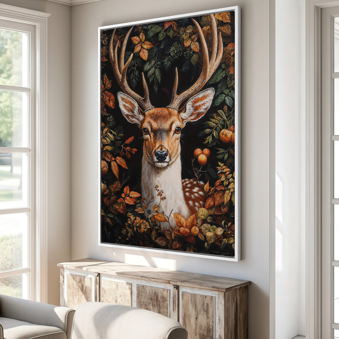 Framed Wall Art: Majestic deer portrait in a dark, moody style. Earthy tones of brown, orange, and green create a stunning focal point for any room. Shop now!
