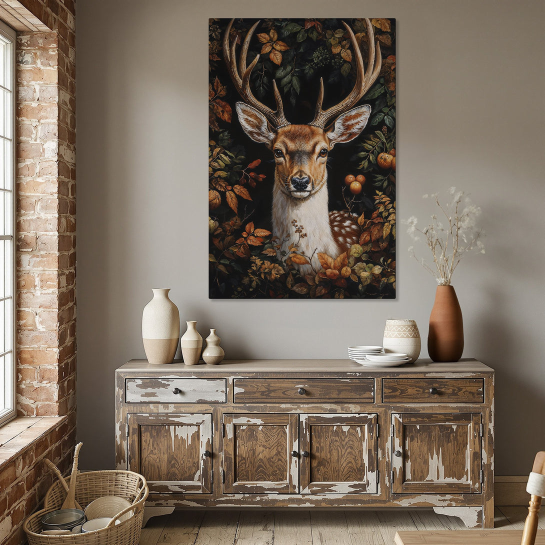 Framed Wall Art featuring a majestic deer in a lush, autumnal setting. Warm earth-tone color palette perfect for rustic home decor.
