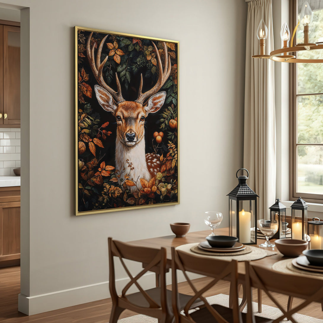 Canvas Print featuring a majestic deer in a naturalistic style with warm autumn tones. Perfect wall art for a cozy, rustic interior.