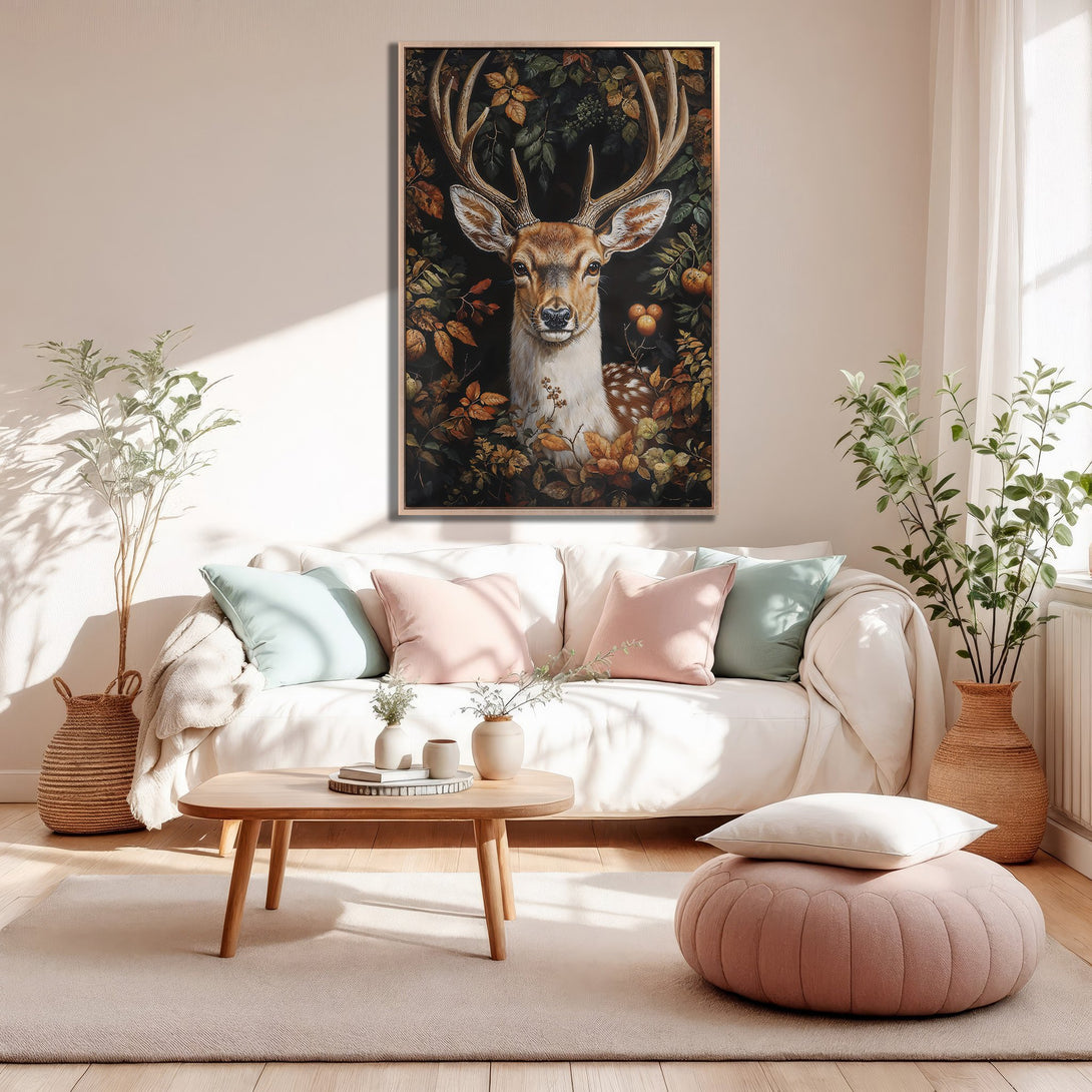 Framed Wall Art: Majestic deer portrait in a warm, inviting living room. Earthy tones and a touch of nature create a cozy, stylish aesthetic. Shop now!