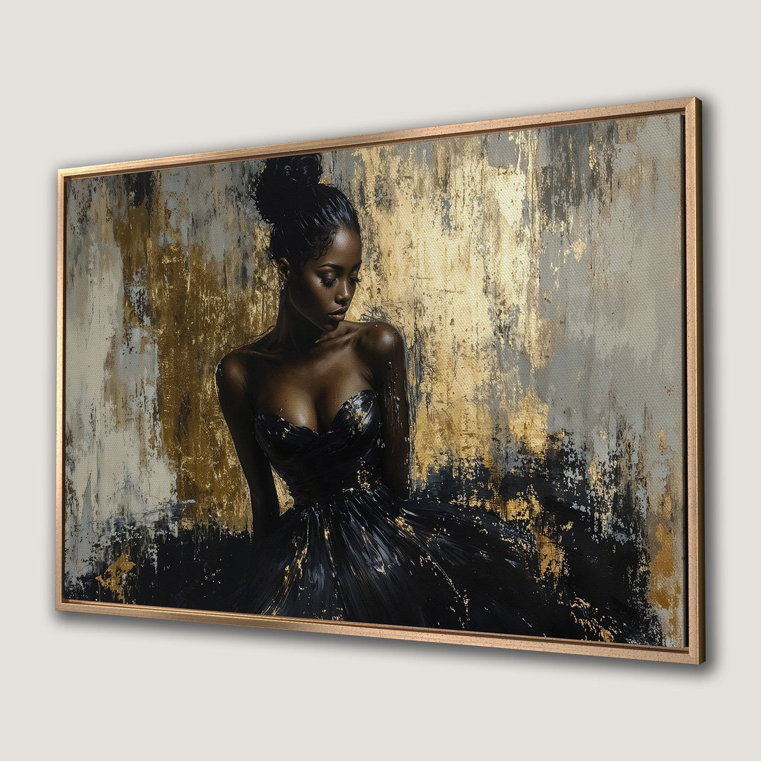 Framed Wall Art: Elegant woman in black dress, abstract gold and gray background. Modern canvas print for stylish home decor.