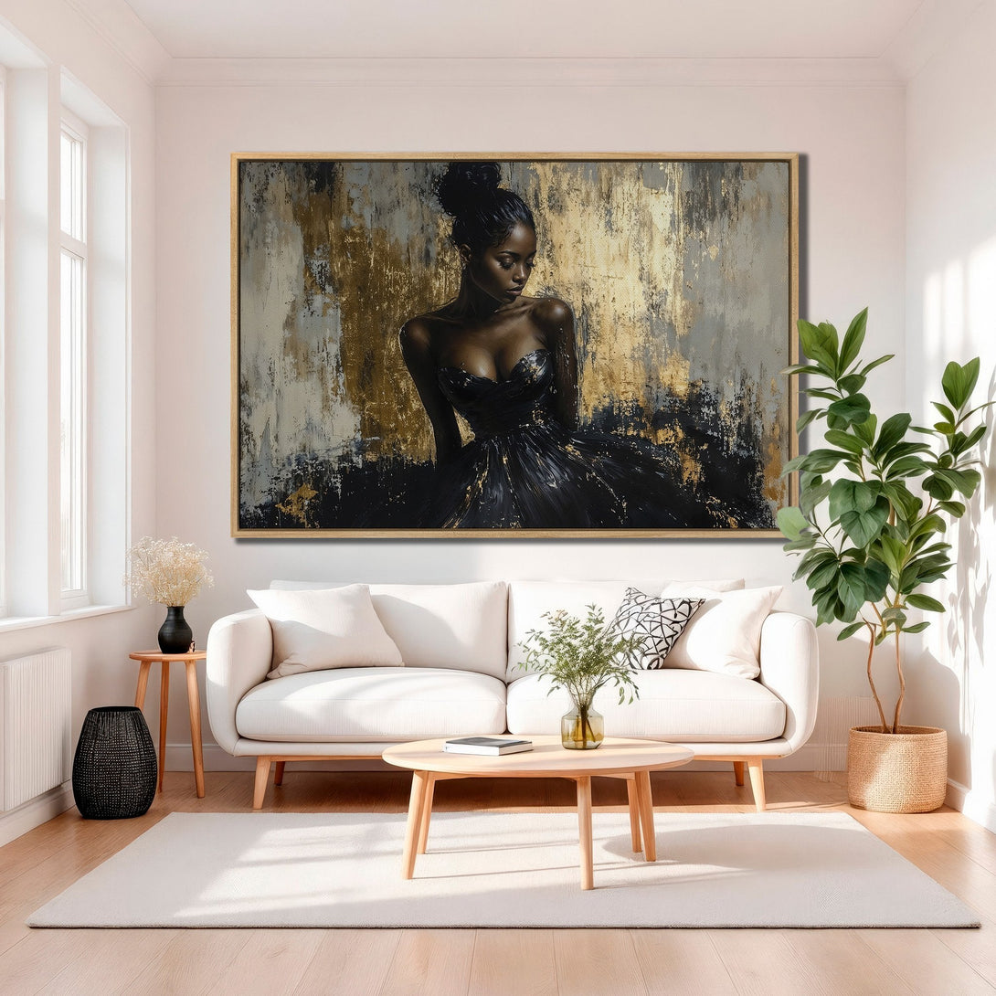 Framed Wall Art: Elegant woman in black dress, abstract art style, gold, black, and gray color palette. Perfect for modern interior design.