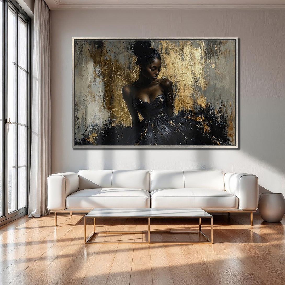 Framed Wall Art: Elegant woman in black dress, abstract style, gold & black color palette. Perfect for modern home decor.