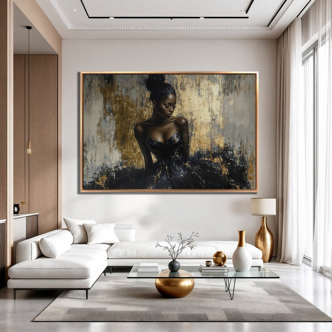 Framed Wall Art: Elegant woman in a black dress, abstract style, gold, black, and neutral tones. Perfect for living room decor.