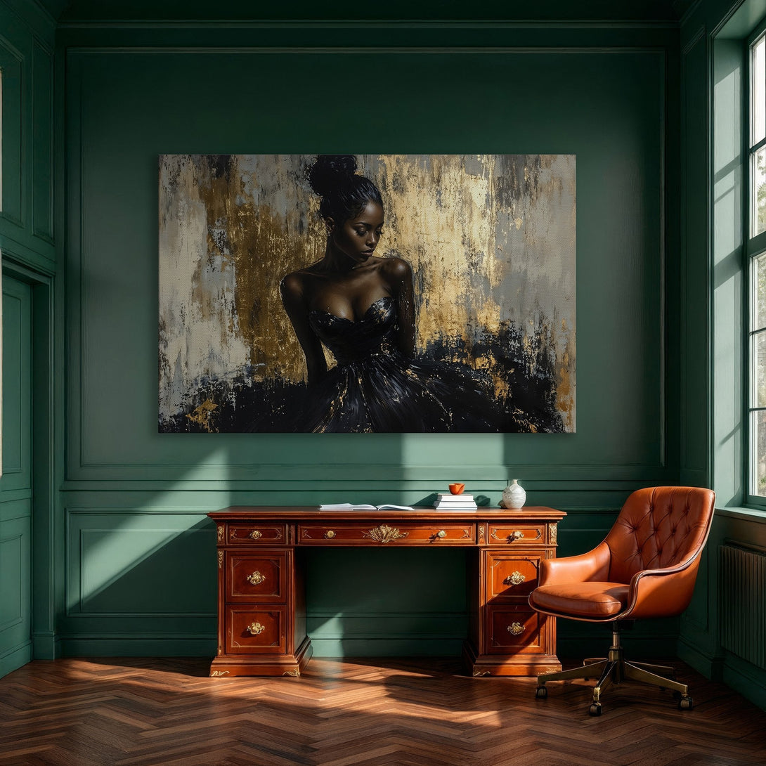 Framed Wall Art: Abstract portrait of a woman in black dress, gold and neutral color palette. Modern art for home decor.