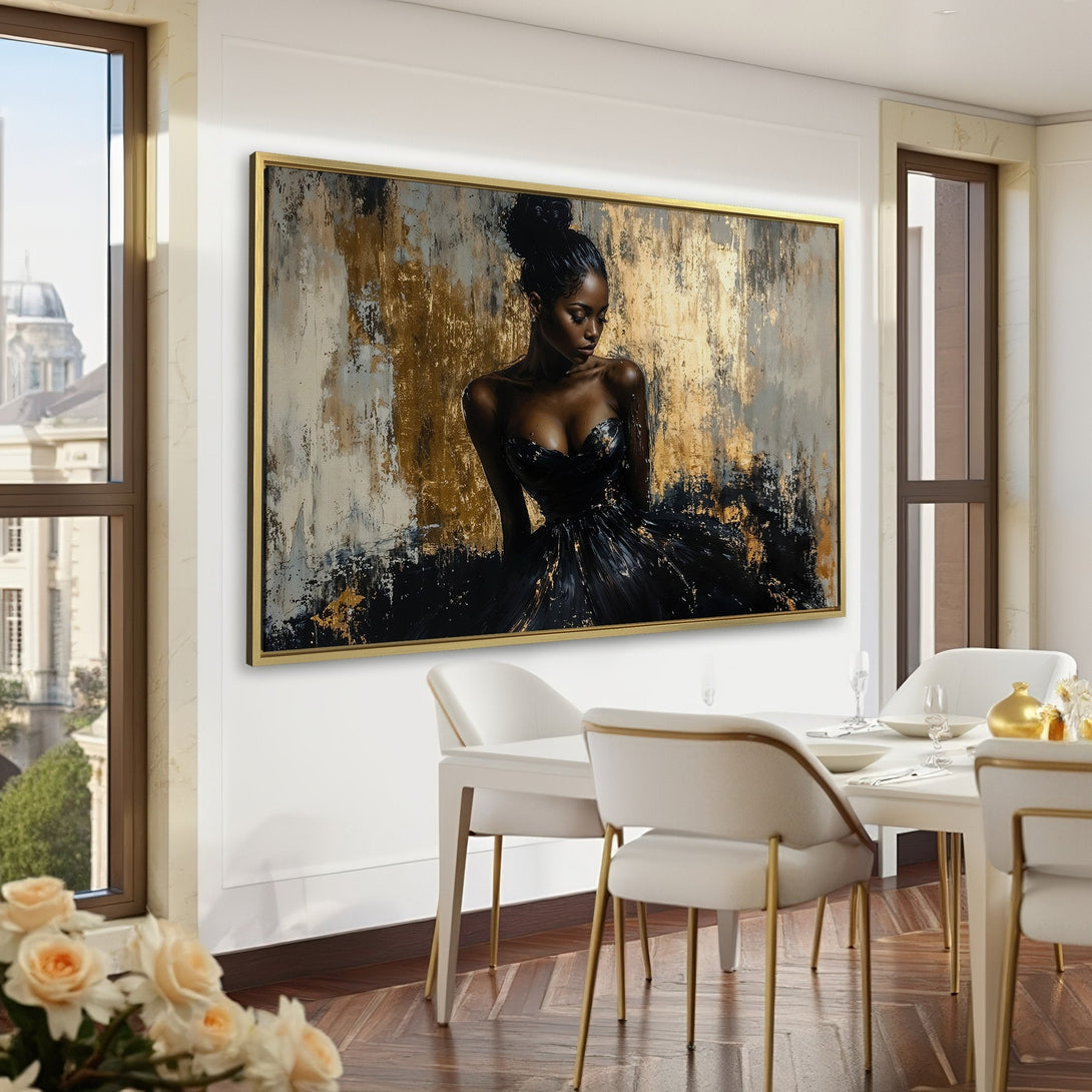 Canvas Print of elegant woman in black dress, abstract gold & black art. Perfect for stylish home decor.