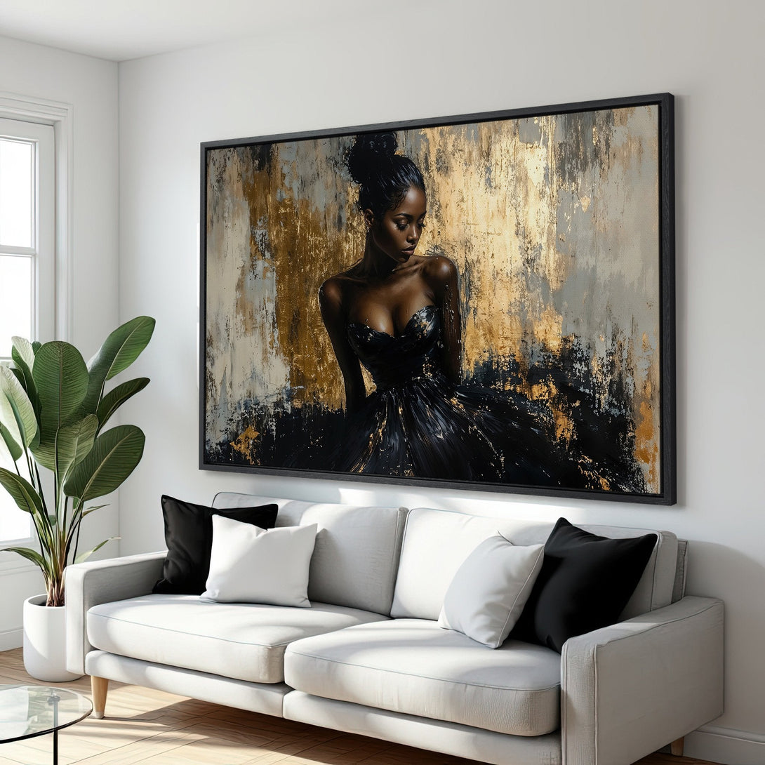Framed Wall Art featuring an elegant woman in a black dress against a gold & grey abstract background. Modern Canvas Print for stylish home decor.