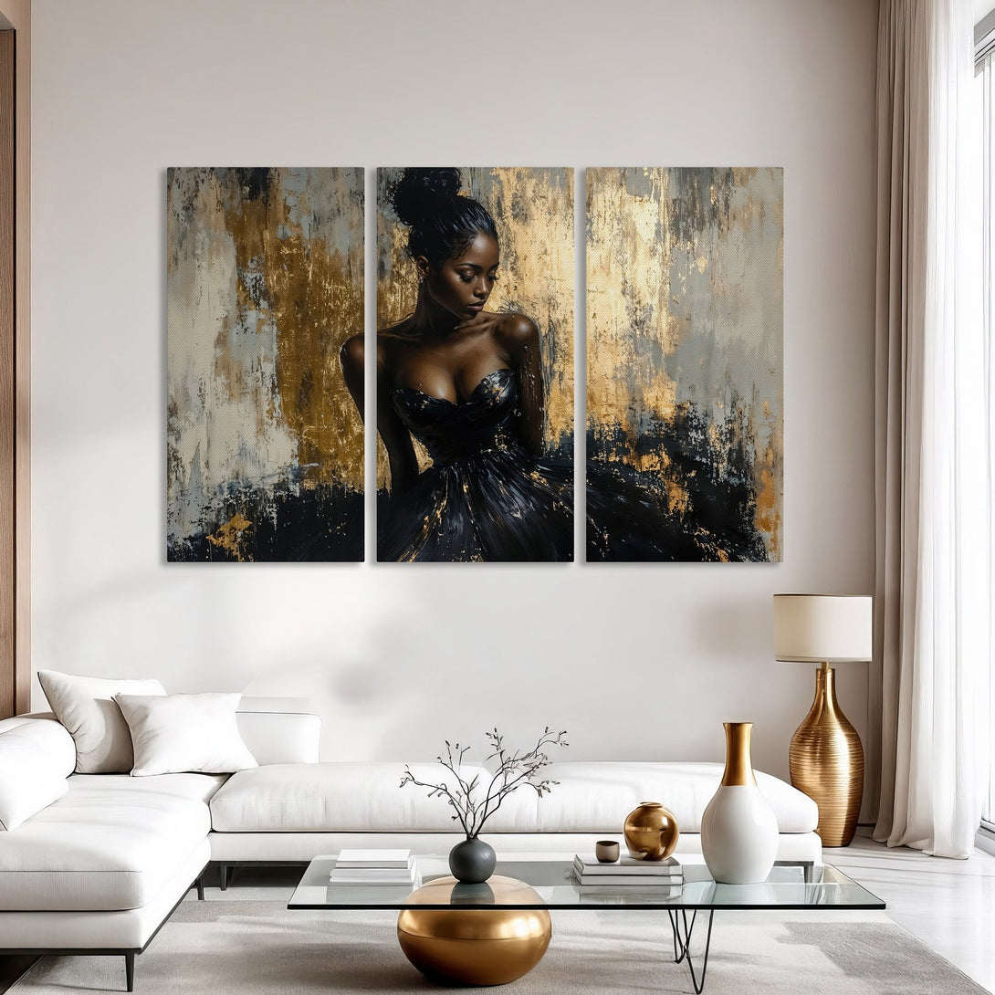 Canvas Print of elegant woman in black dress, abstract gold, black, and grey art, perfect for modern home decor.