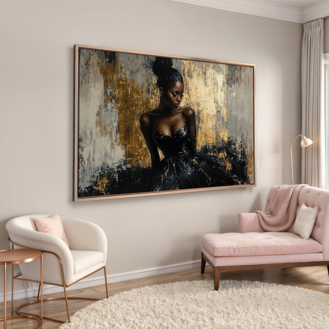 Framed Wall Art featuring an abstract portrait of a woman in a black dress. Gold, black, and neutral tones create a sophisticated, modern aesthetic.