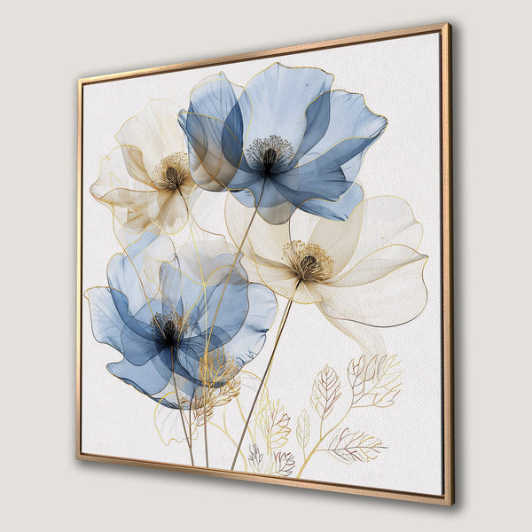 Framed Wall Art: Elegant floral art print in blue, gold, and beige. Modern botanical canvas print for a stylish home.