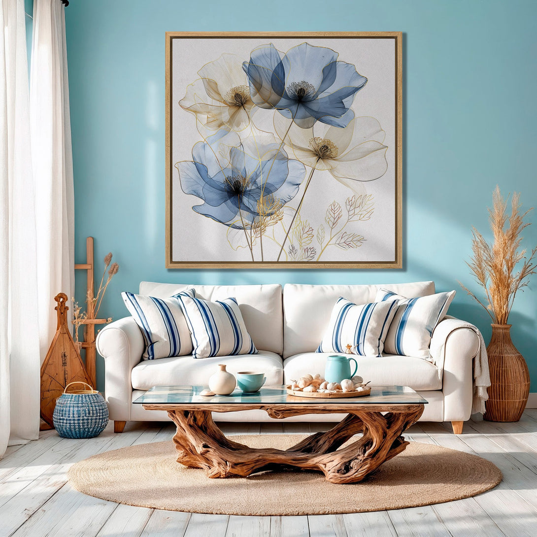 Framed Wall Art featuring elegant blue floral design. Coastal decor inspiration with a soft, airy style and a calming blue & neutral color palette. Perfect for living rooms!