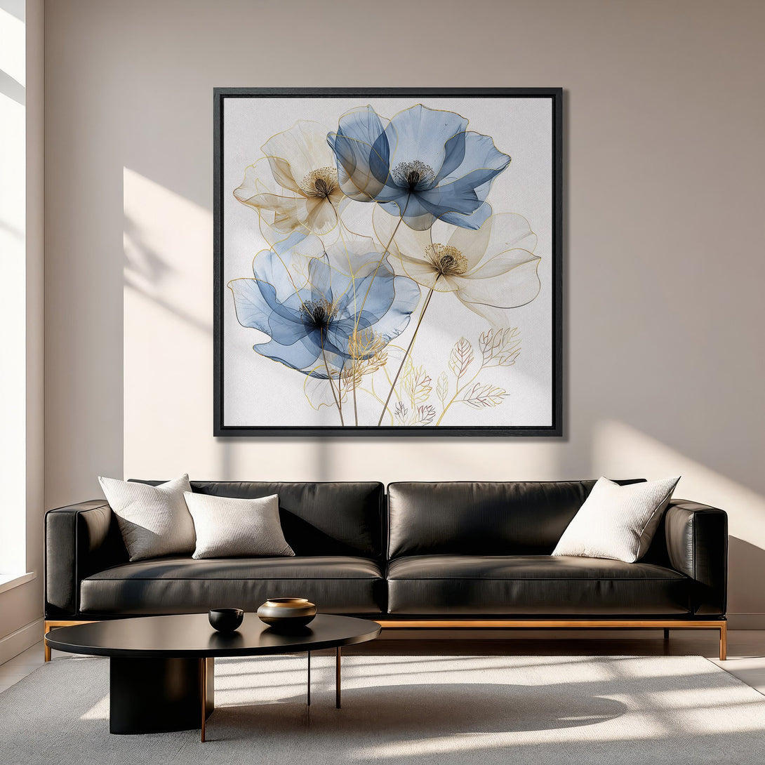 Framed Wall Art featuring elegant blue & gold floral design. Modern Canvas Print, perfect for living room decor. Neutral color palette, adds a touch of sophistication.