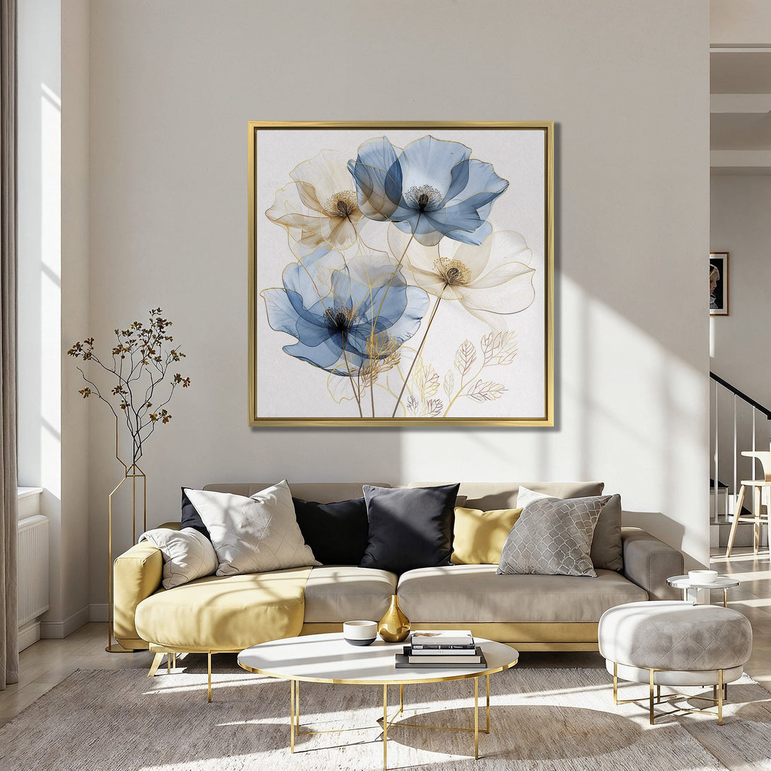 Canvas Print featuring elegant floral art in blue, gold, and white tones, perfect for modern home decor.