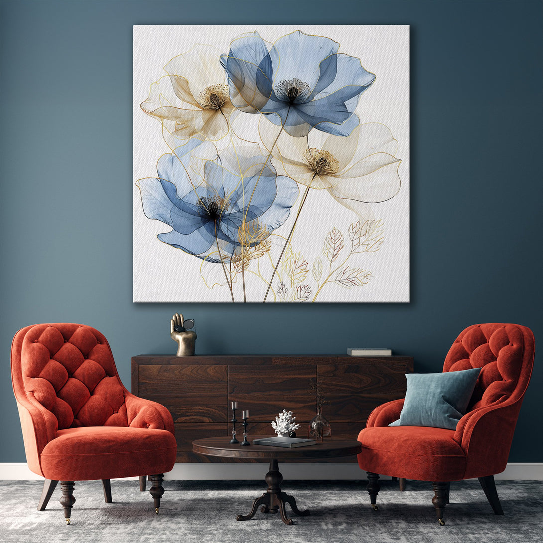 Framed Wall Art featuring elegant blue floral art. Modern, minimalist style with a gold frame. Soft blue, white, and gold color palette for a serene interior.