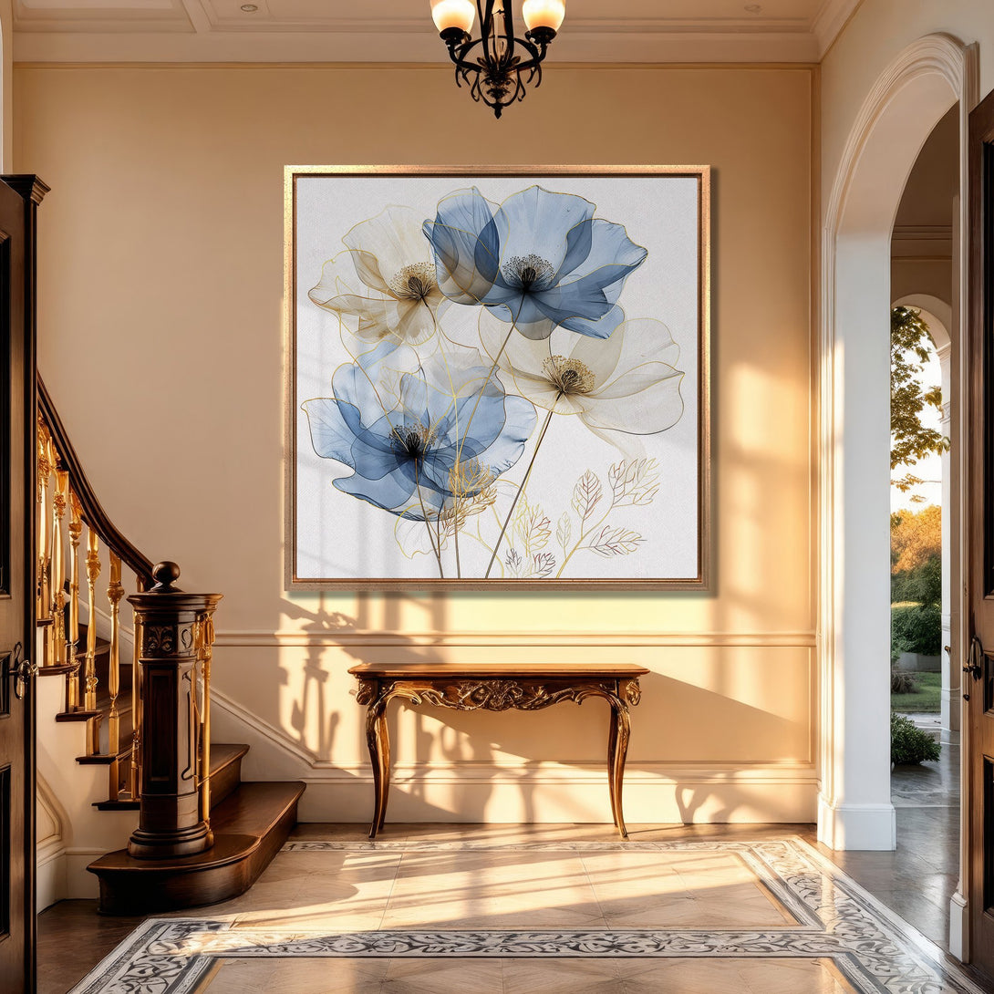 Framed Wall Art featuring elegant blue floral art. Modern style, neutral color palette, perfect for home decor. Shop Canvas Prints for stunning wall art!