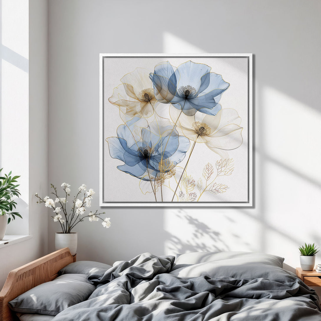 Framed Wall Art featuring elegant blue and gold floral design, perfect for bedroom decor. Modern canvas print with a calming, neutral color palette.