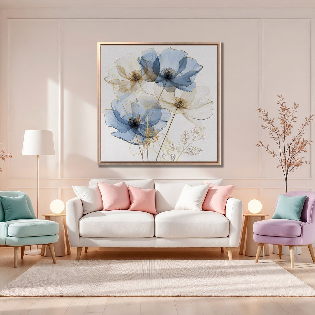Framed Wall Art: Elegant floral Canvas Print in blue, gold, and beige hues, perfect for adding a touch of sophistication to any interior space.