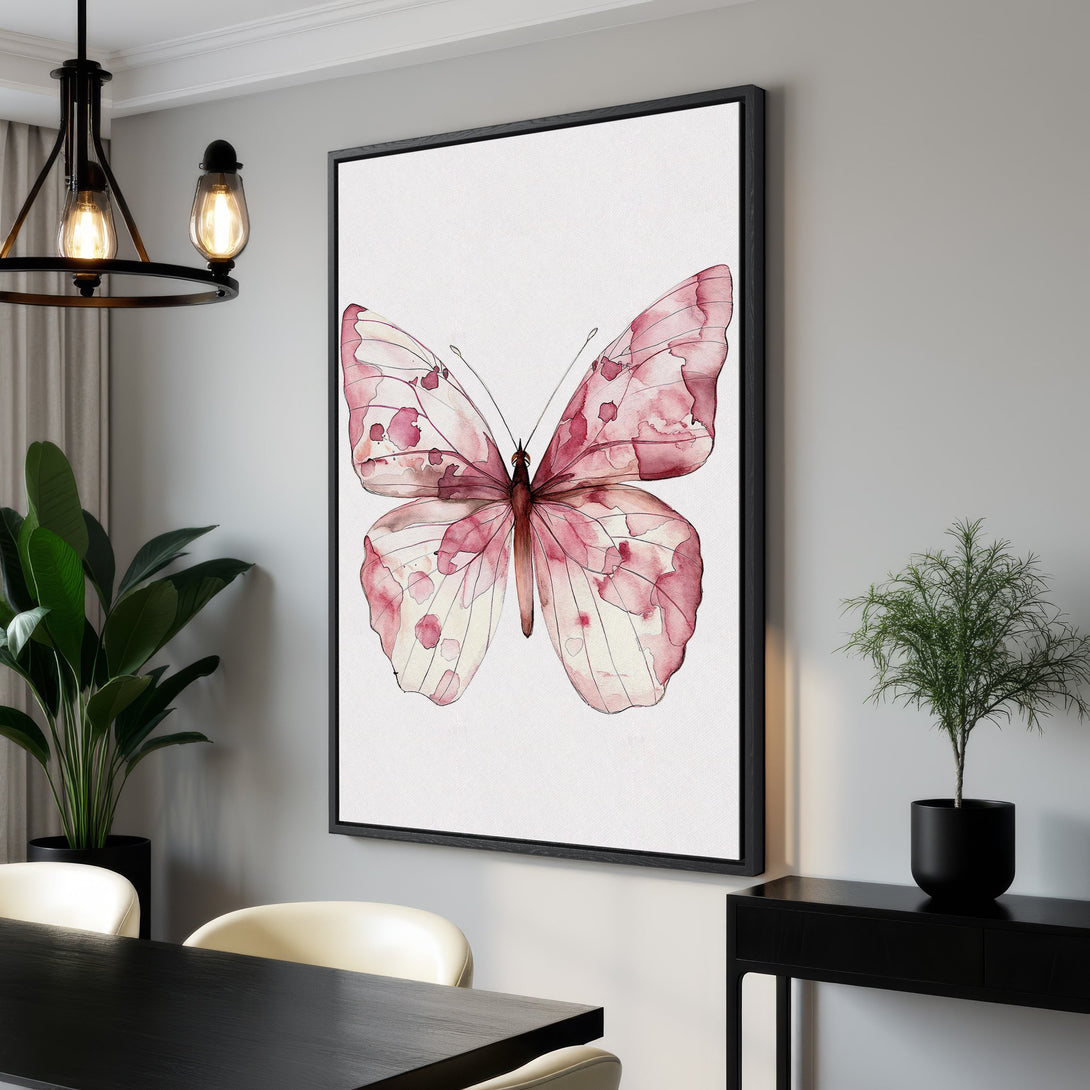 Framed Wall Art: Watercolor butterfly print in pink hues. Elegant wall decor for living room or bedroom. Add a touch of nature to your space!