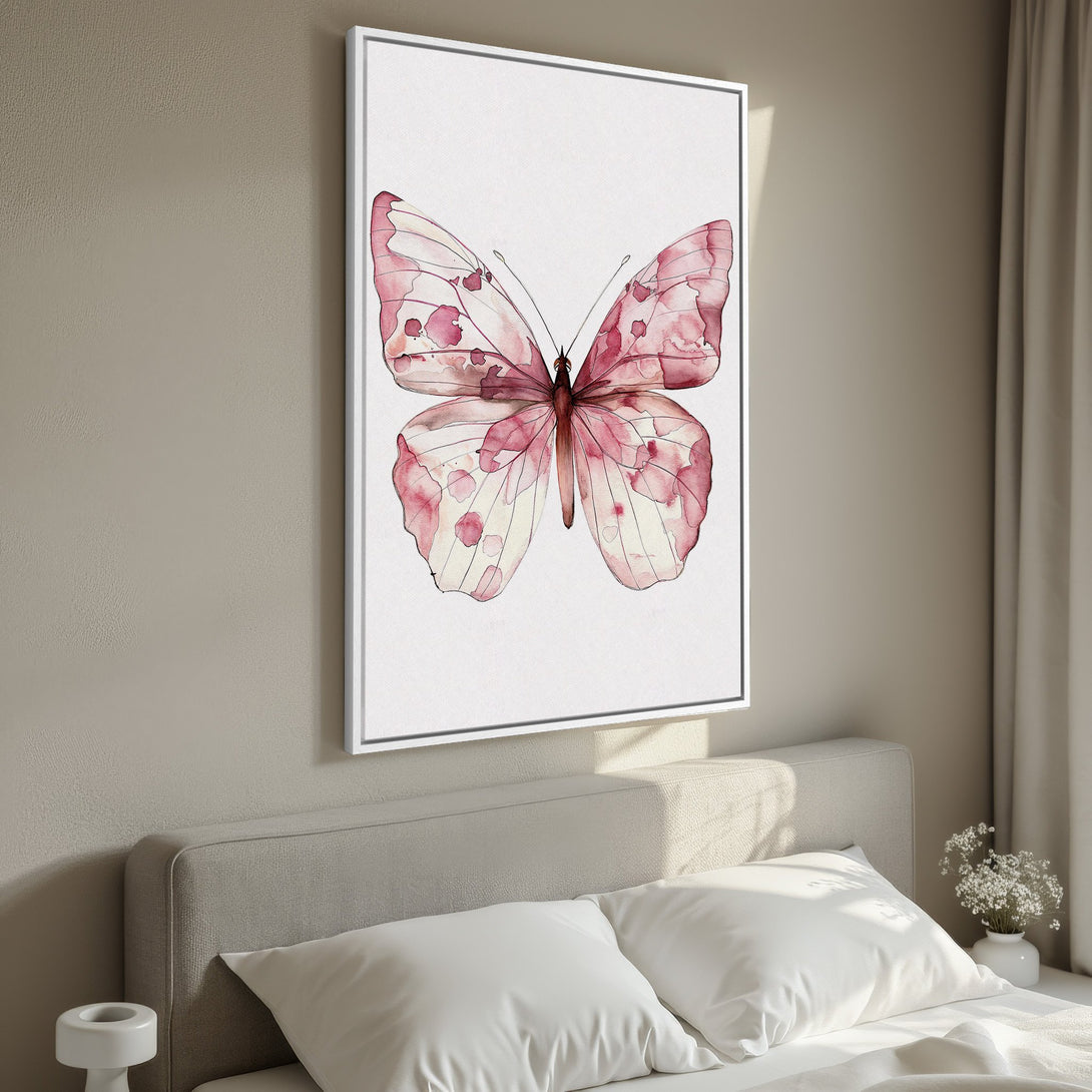 Framed Wall Art: Watercolor butterfly print in pink and white. Elegant artwork for bedroom decor. Adds a touch of nature and style.