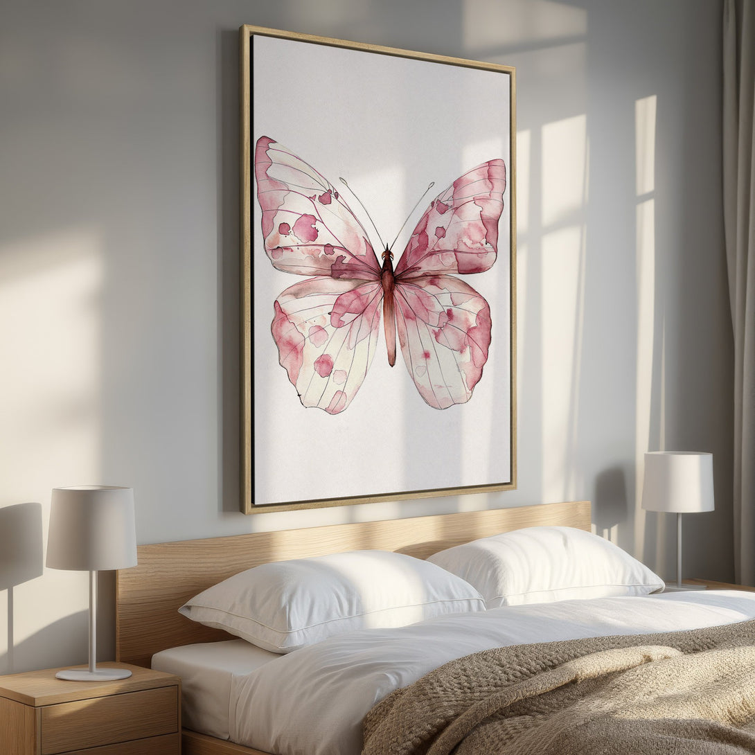 Framed Wall Art: Watercolor butterfly print in pink hues. Elegant and airy design for bedroom decor. Add a touch of nature to your space!