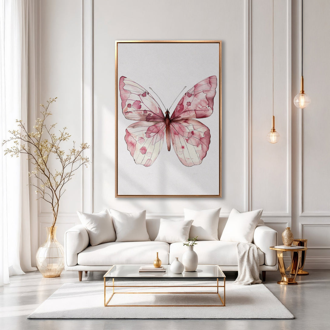 Framed Wall Art: Watercolor butterfly print in pink hues. Elegant decor for modern living rooms. Add a touch of nature with this beautiful canvas print.
