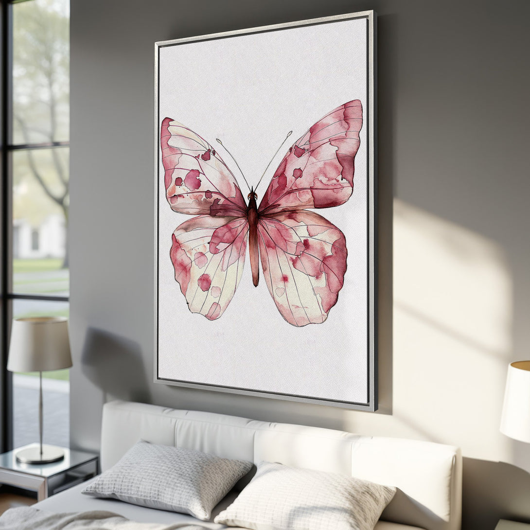 Framed Wall Art: Watercolor butterfly print in pink and white. Modern art for bedroom decor. Add a touch of nature with this beautiful canvas print.