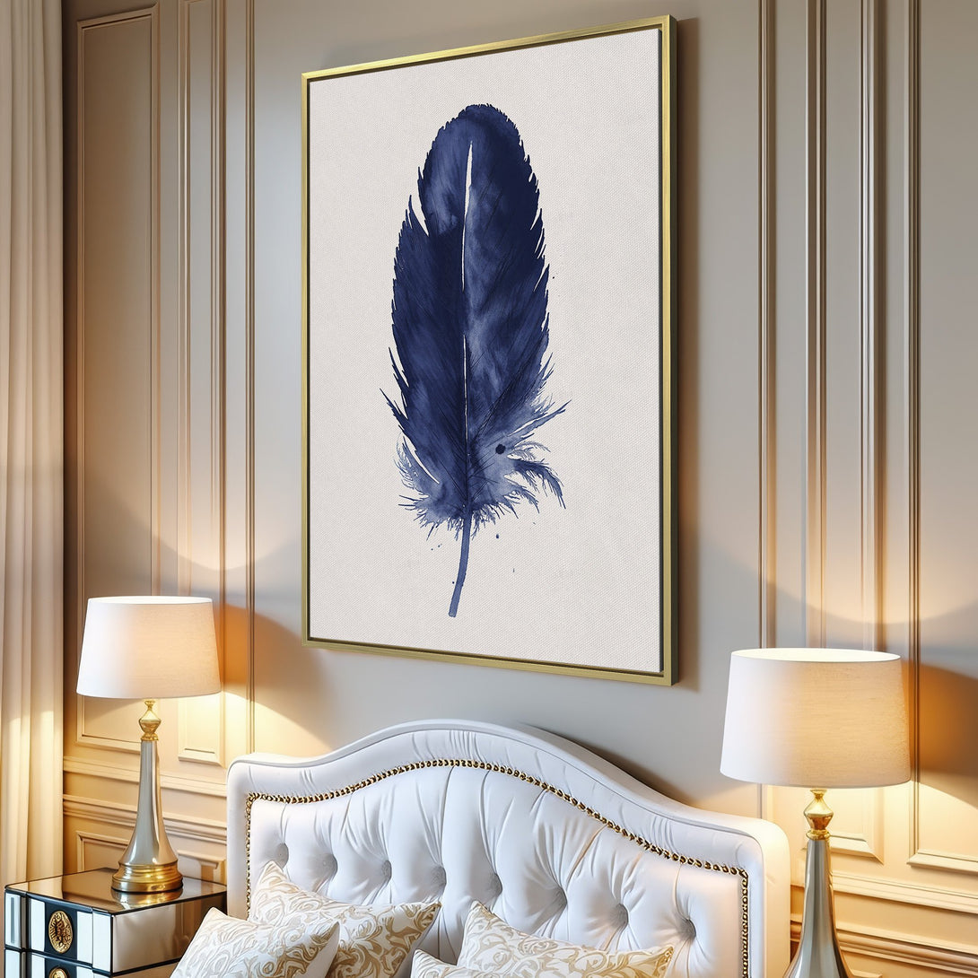 Canvas Print featuring a watercolor blue feather. Modern, minimalist style. Perfect for adding a touch of elegance to any space.