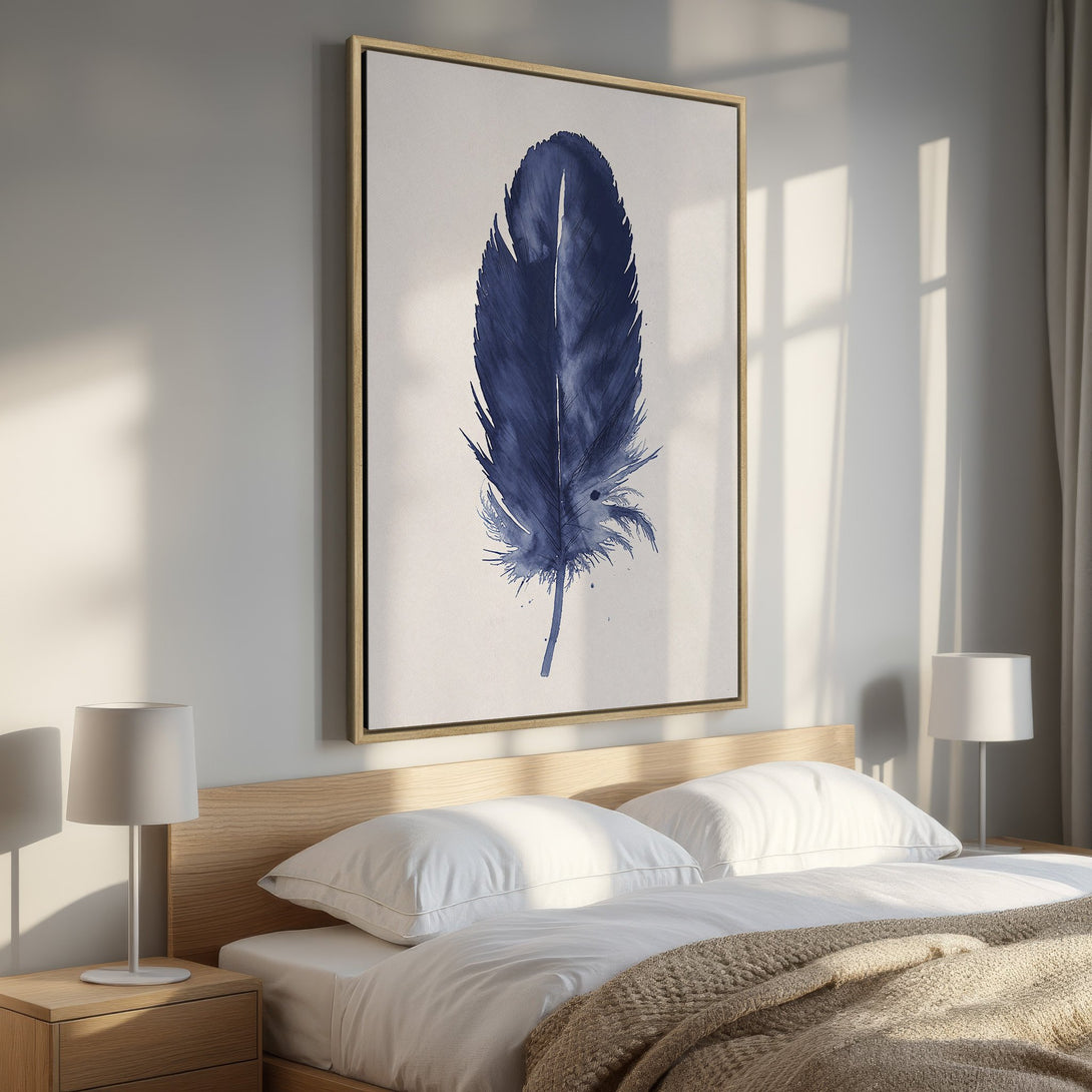 Framed Wall Art: Watercolor feather print in blue. Modern bedroom decor with neutral color palette. Enhance your space with this elegant Canvas Print.