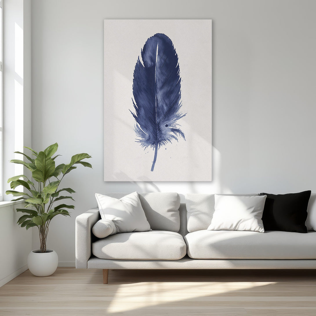 Framed Wall Art: Elegant blue feather print on canvas, adds a touch of sophistication to any room. Neutral palette with gold frame.
