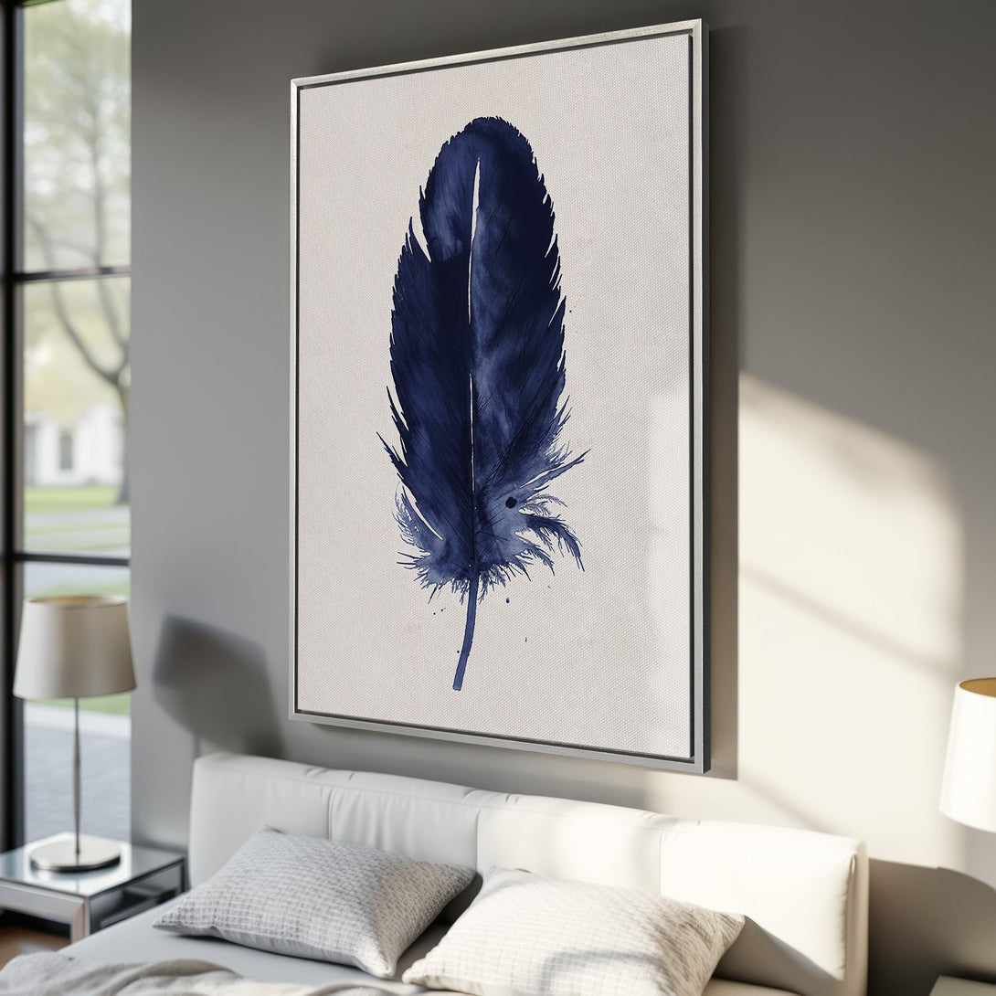 Framed Wall Art: Elegant blue feather canvas print. Modern watercolor style with neutral background. Perfect for bedroom decor.