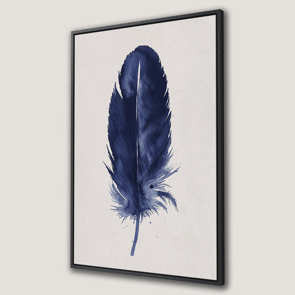 Framed Wall Art: Watercolor feather print in navy blue on canvas. Modern, minimalist artwork for home decor. Perfect for a calming aesthetic.