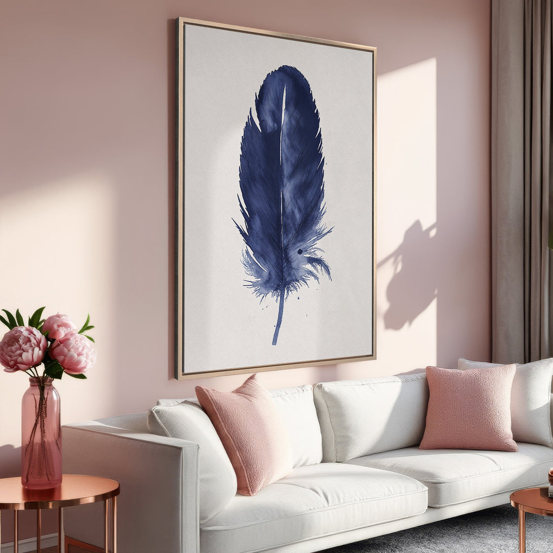 Framed Wall Art: Watercolor feather print in blue. Modern art with a blush and white color palette. Perfect for living room decor.