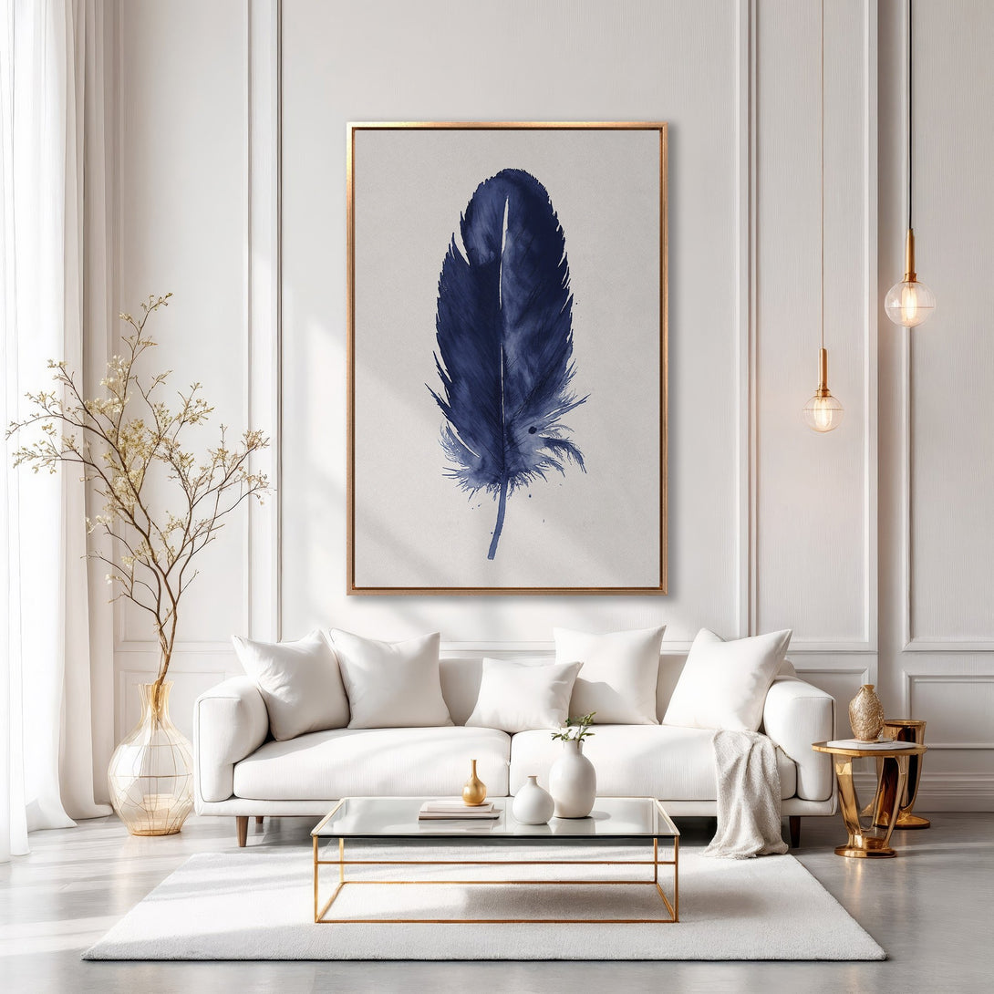 Framed Wall Art: Elegant watercolor feather in navy blue. Modern decor with gold accents and a serene, neutral color palette. Elevate your space!