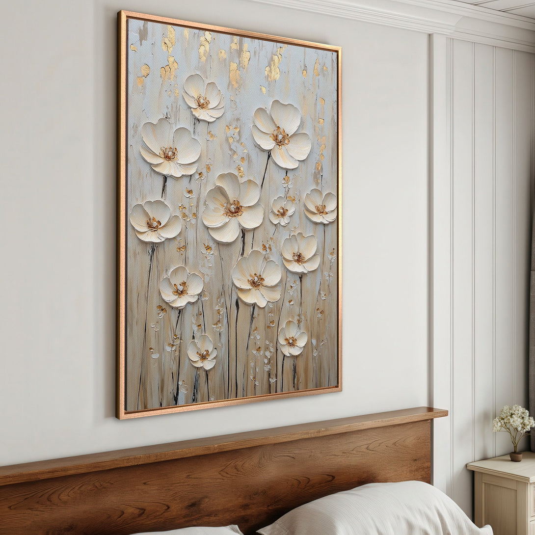 Framed Wall Art featuring elegant white floral design with gold accents. Neutral color palette perfect for bedroom decor. Elevate your space with this stunning Canvas Print.