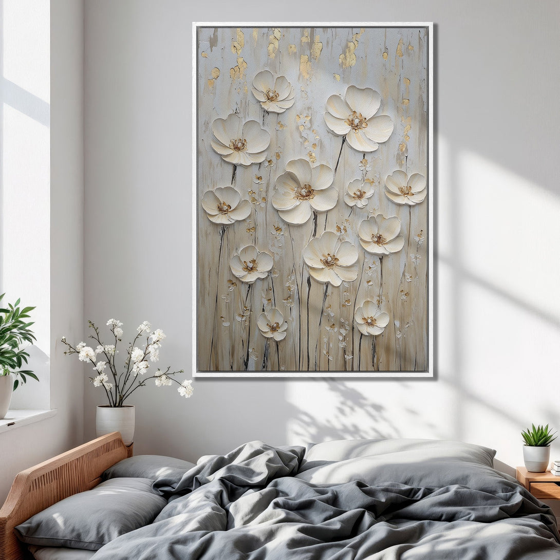 Framed Wall Art: Textured floral canvas print in neutral tones, perfect for bedroom decor. Adds a touch of elegance and serenity to any space.