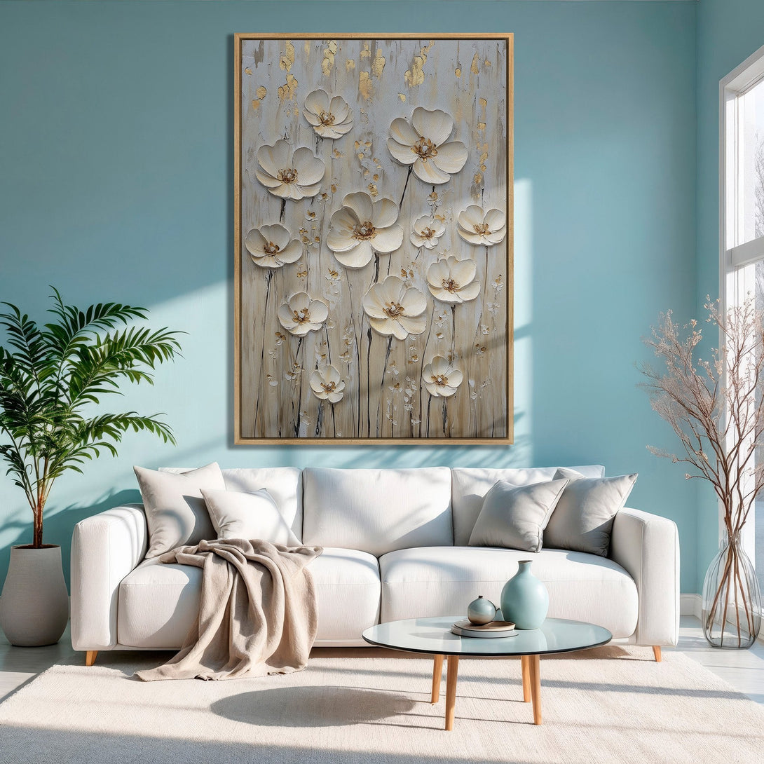 Framed Wall Art: Elegant floral canvas print in neutral tones, perfect for adding a touch of sophistication to any space. Features a calming color palette.