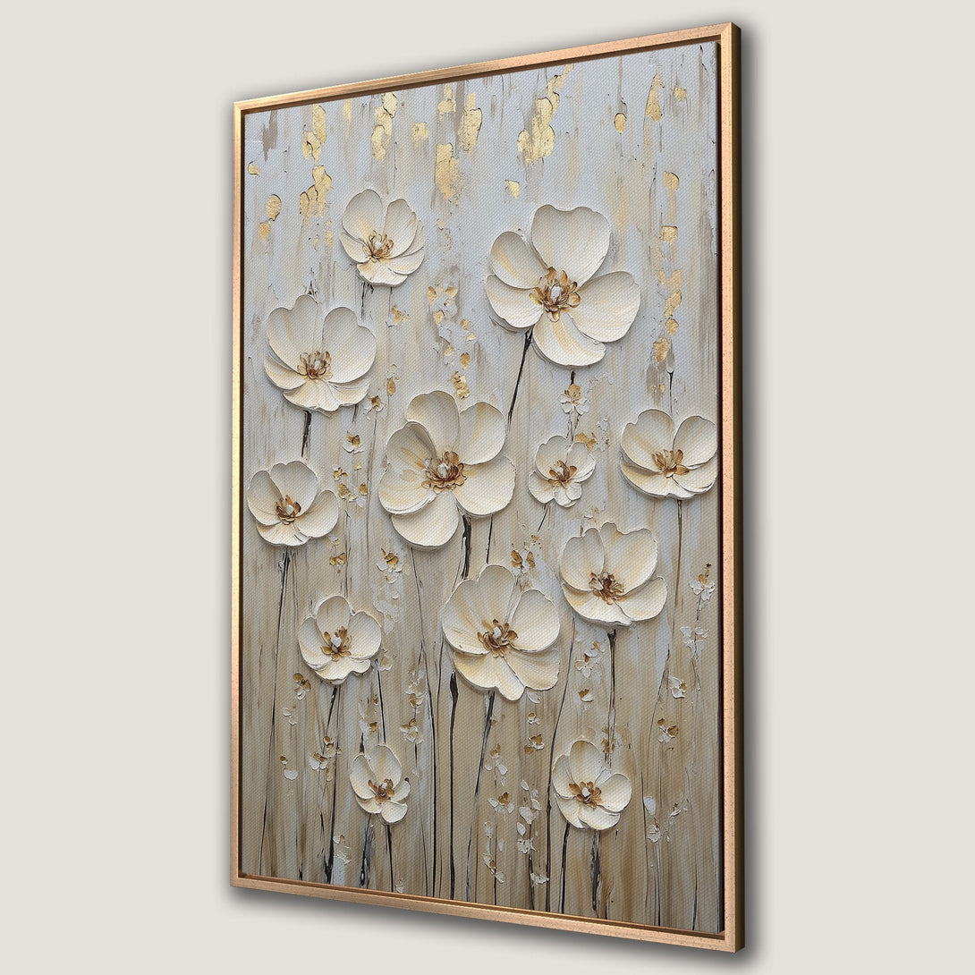 Framed Wall Art featuring textured white floral painting with gold accents on a neutral background. Modern art for home decor, perfect for any room.