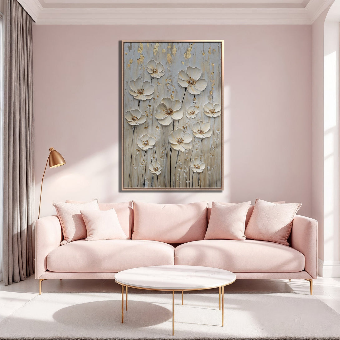 Framed Wall Art featuring elegant white floral design in a soft, neutral palette. Perfect for adding a touch of sophistication to any space.