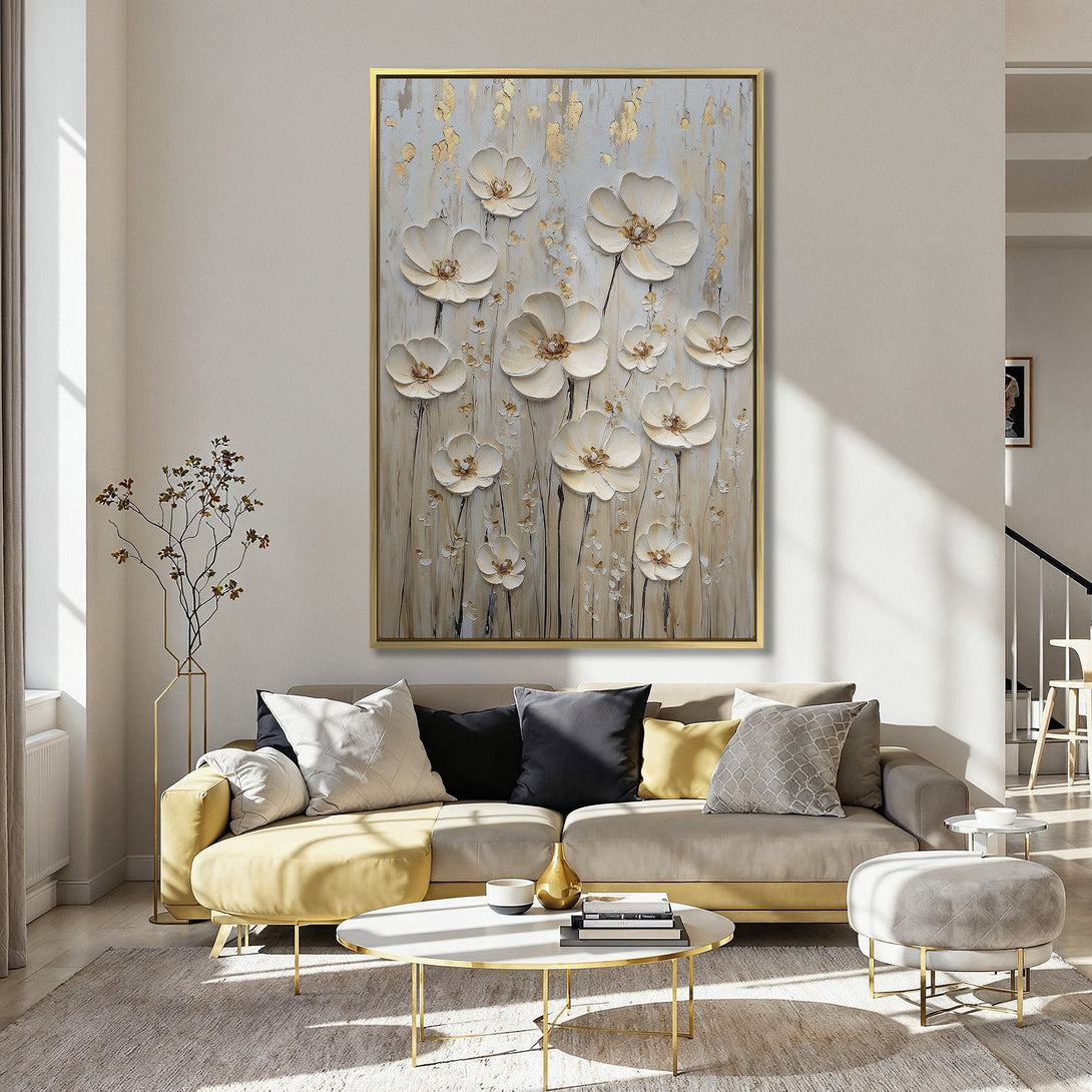 Canvas Print featuring textured white floral art with gold accents, ideal for adding a touch of elegance to any space. Soft, neutral color palette.