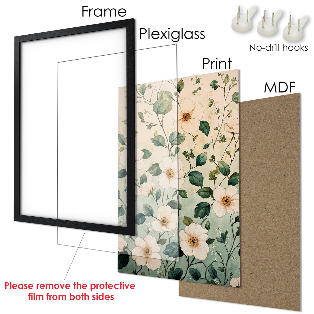 Framed Poster featuring floral art in a watercolor style with a soft green and beige color palette. Perfect wall decor!