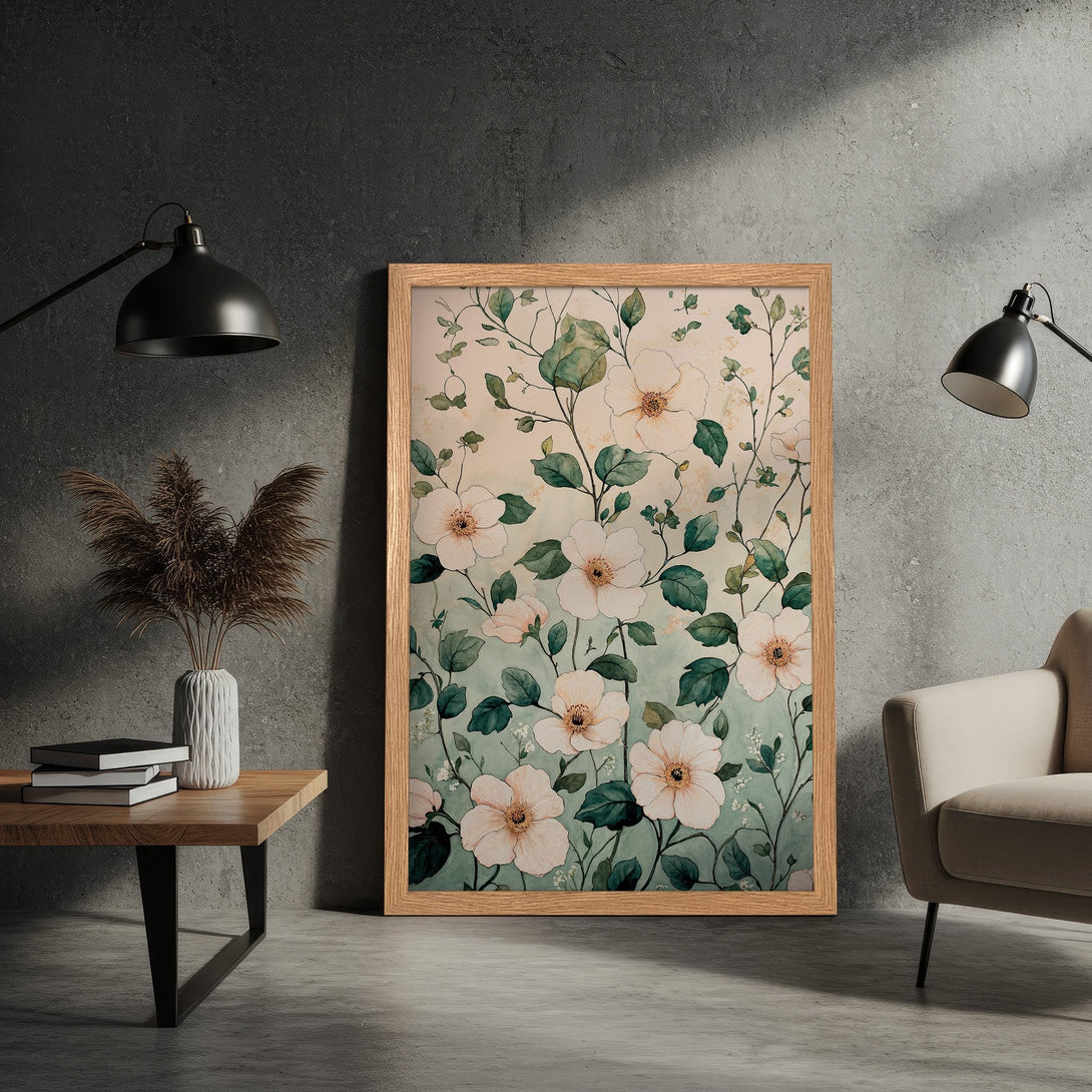 Framed Poster featuring watercolor floral art in soft pastel colors. Perfect wall decor for a calming, elegant aesthetic.