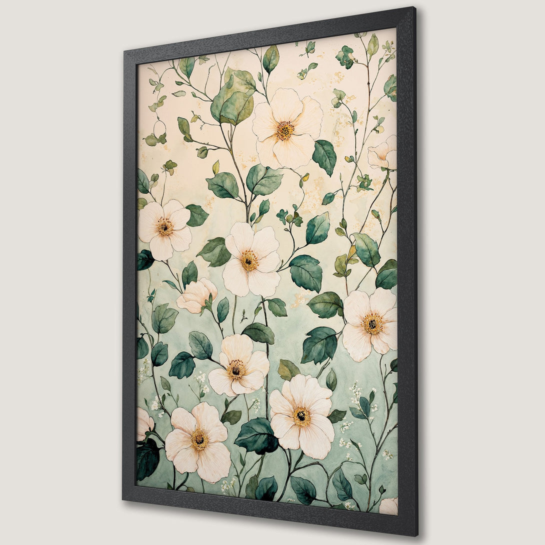Framed Poster featuring watercolor floral art with white flowers, green leaves, and a soft pastel color palette. Perfect wall decor!