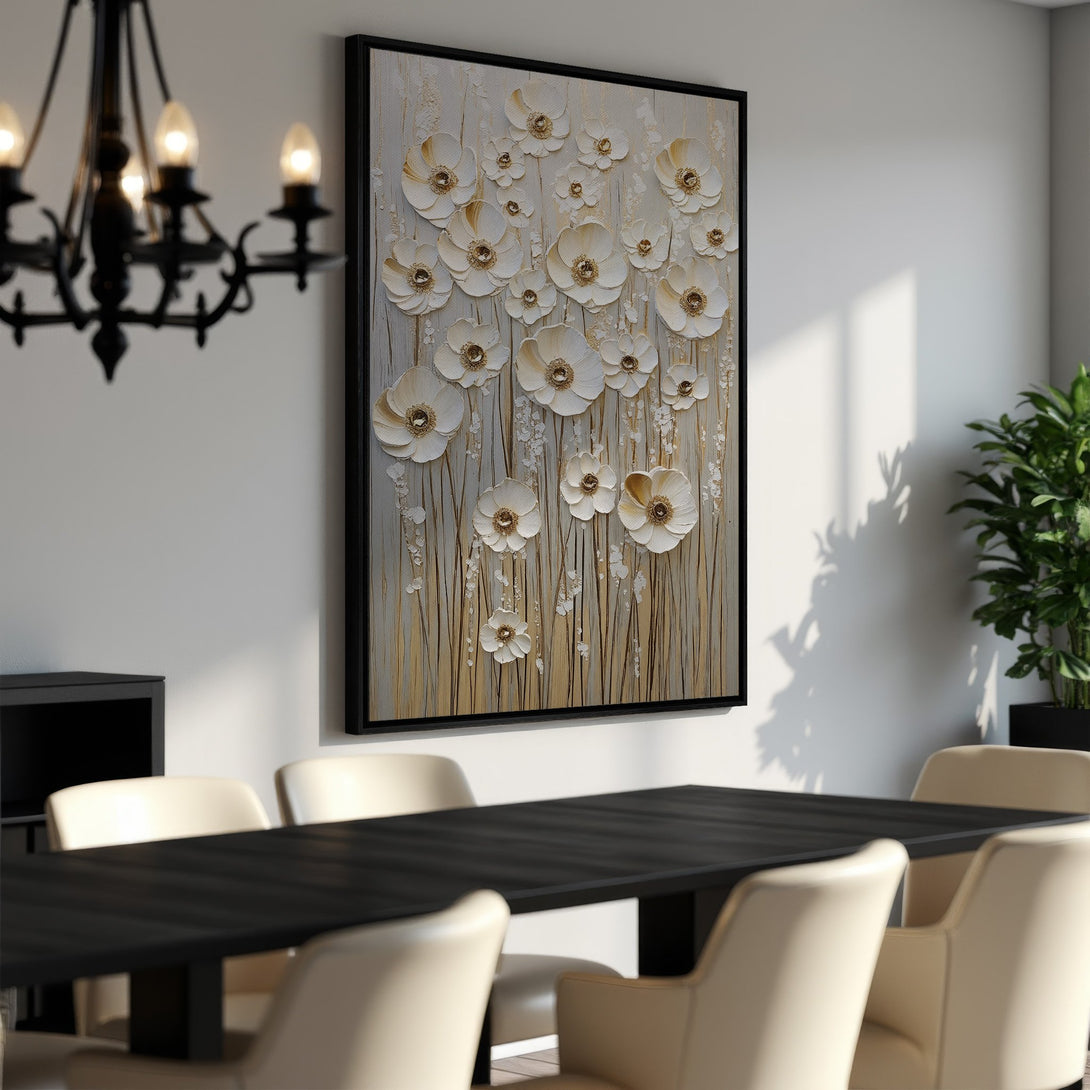 Framed Wall Art featuring elegant white floral design with gold accents. Neutral color palette perfect for modern home decor. Shop Canvas Prints today!