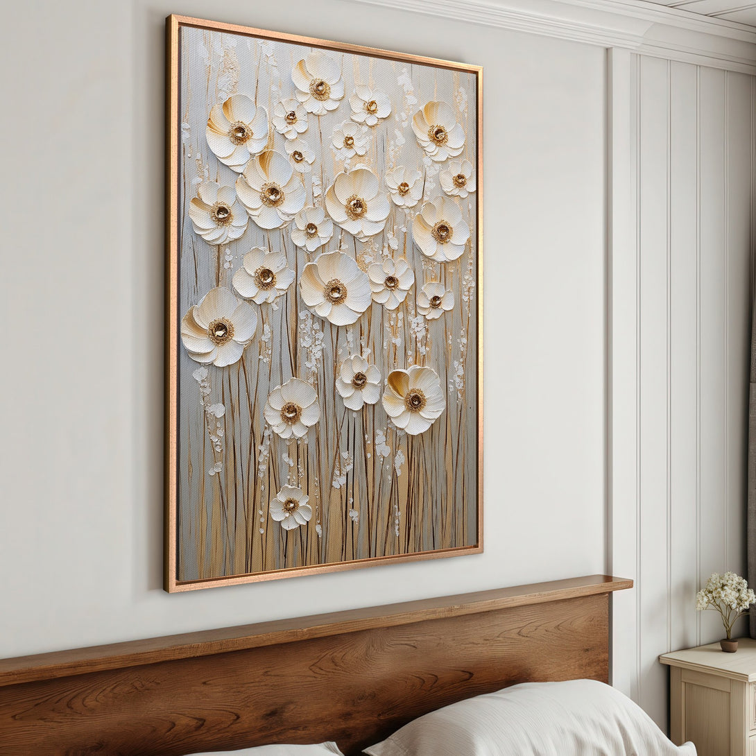 Framed Wall Art featuring white textured floral design in a neutral color palette. Perfect for adding a touch of elegance to any room.
